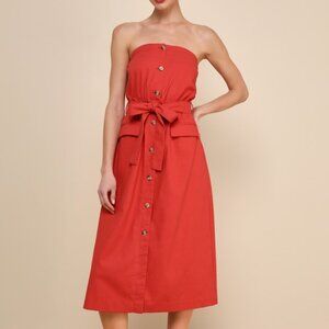 Lulus Sardinia Sun Rust Red Linen Strapless Midi Dress With Pockets - Size S